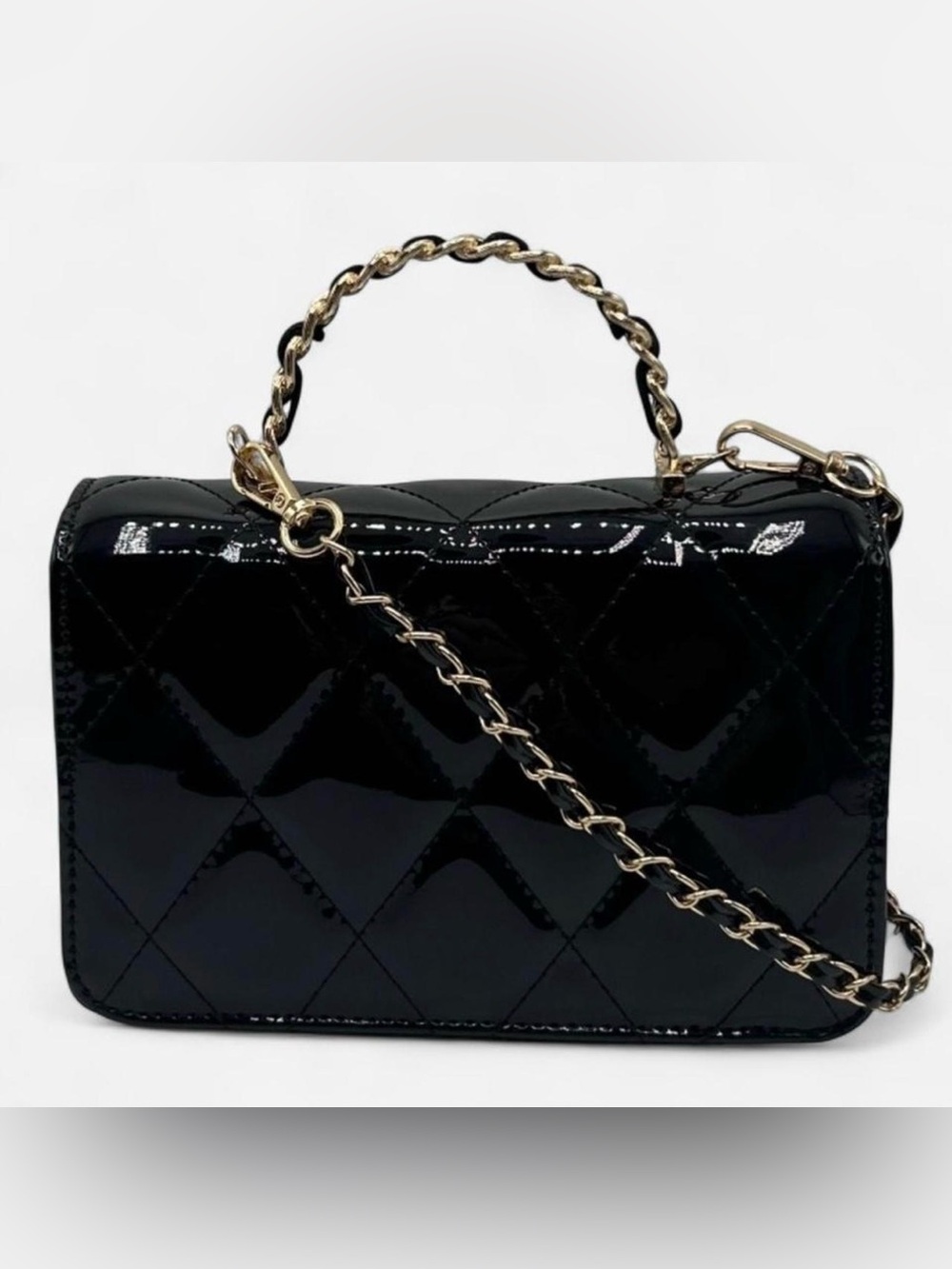 Valentino Orlandi Black Patent Quilted Mini Top-Handle Bag with Gold Hardware - Picture 2 of 6